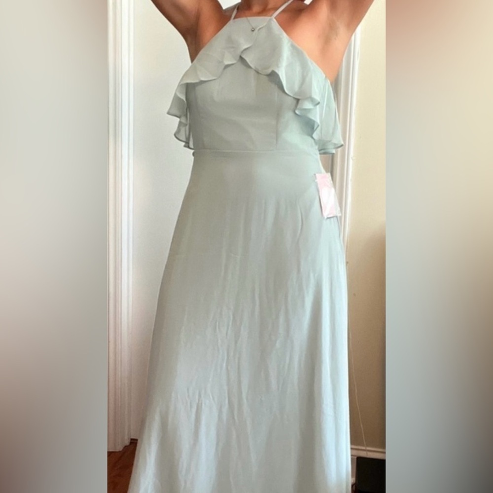 NWT Birdy Grey Jules Ruffle Halter Chiffon Maxi Dress Sage Light green Size M